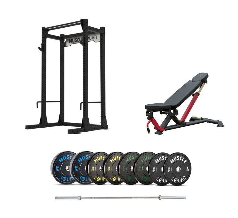 MuscleSquad Freestanding Squat Rack, Bench, Barbell and Weights