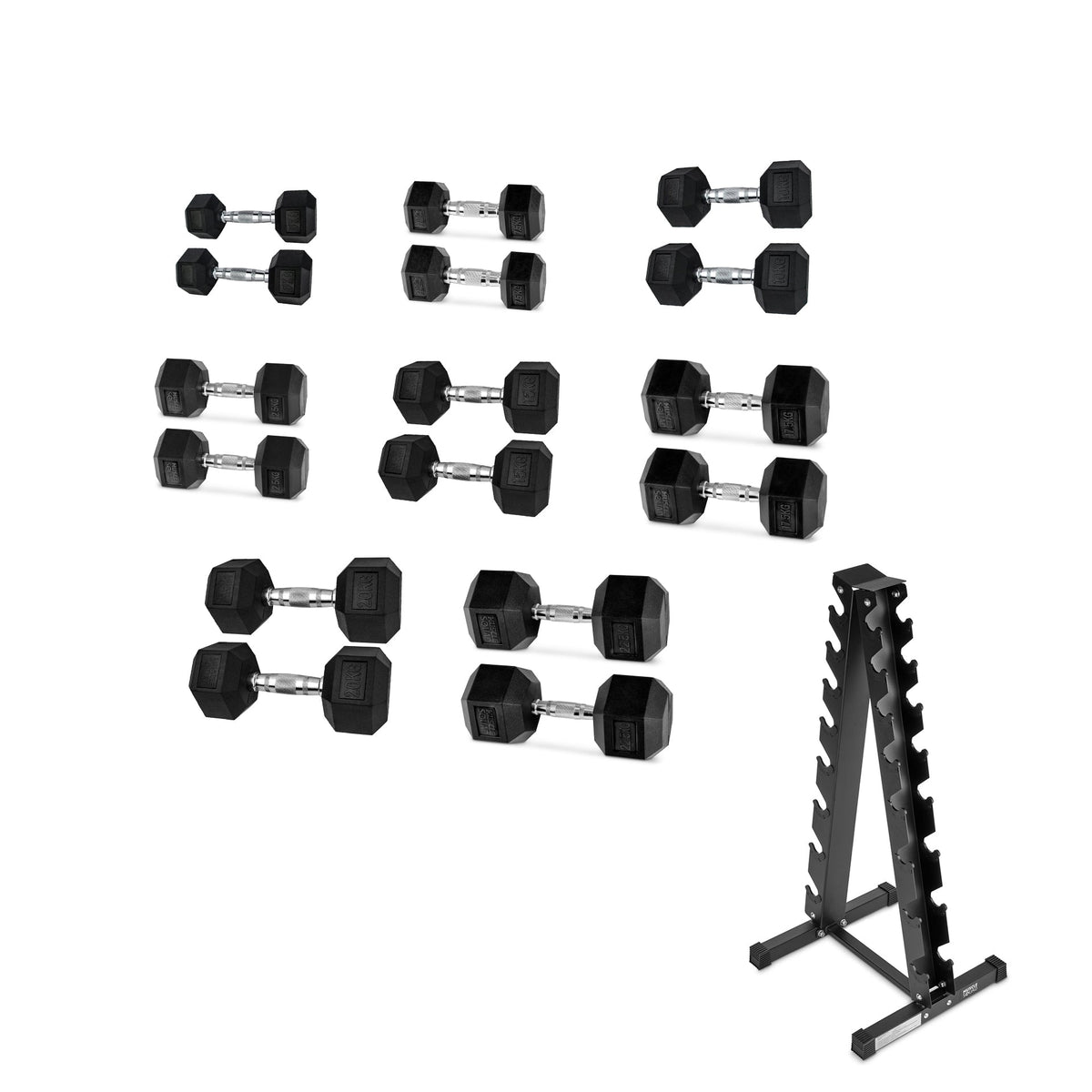 Hex rubber dumbbell set with rack sale