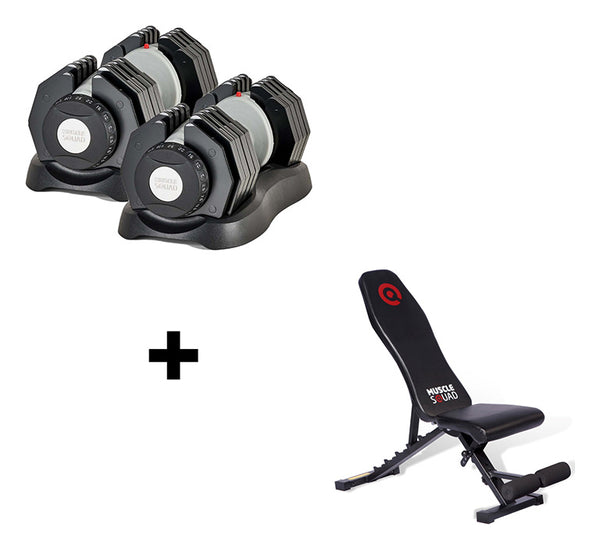 MuscleSquad 2.5kg - 25kg Quick Select Adjustable Dumbbell Set + Bench Bundle