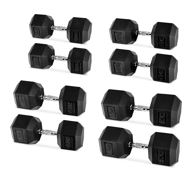 MuscleSquad Hex Rubber Dumbbells 42.5kg - 50kg set