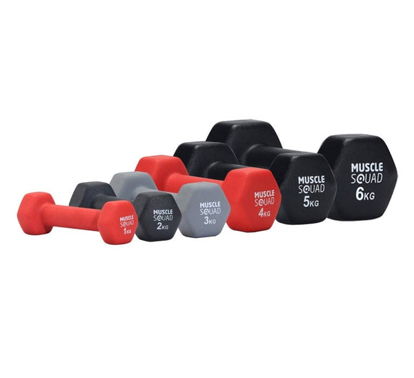 MuscleSquad Hex Neoprene Dumbbell Sets 1kg - 6kg