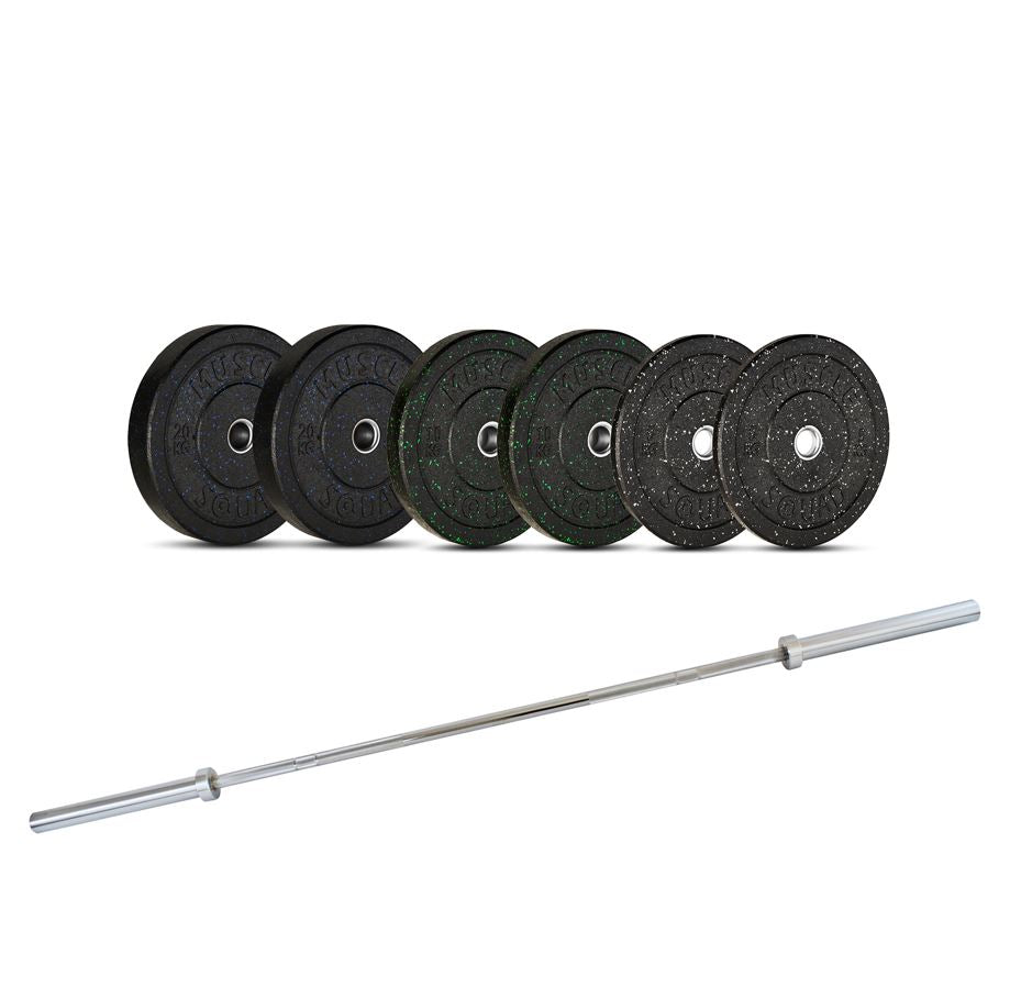 Coloured Crumb Rubber Bumper Olympic Weight Plate + Barbell Packages