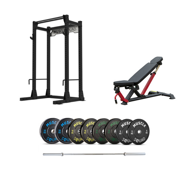 MuscleSquad Freestanding Squat Rack, Bench, Barbell and Weights Packages