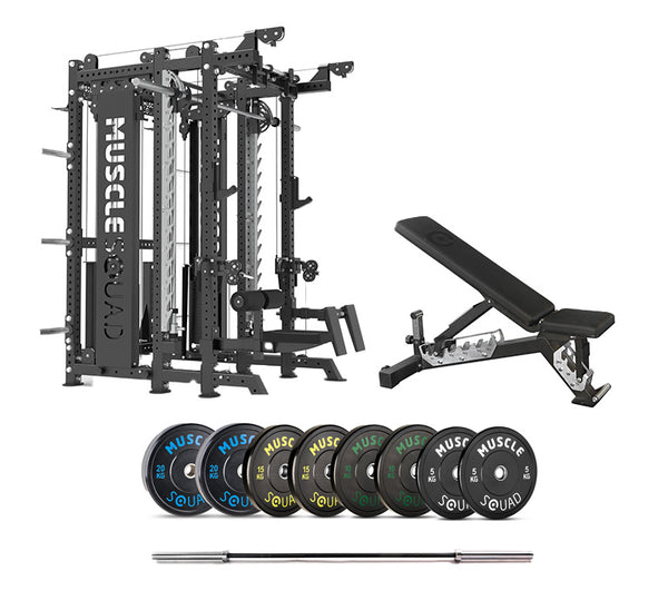 Phase 4 Cable Equipped Multi-Functional Squat Rack with Smith Machine, Bench, Barbell and Weights Packages