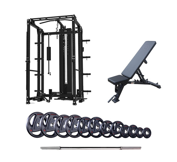 P2 Freestanding Folding Rack with Pin Loaded Cable Pulley, Bench, Barbell and Weights Packages