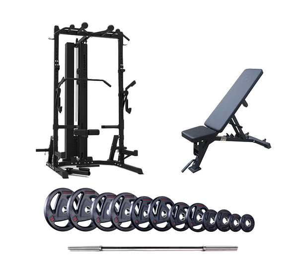 P2 Quarter Squat Rack with Pin-Loaded Pulley, Bench, Barbell and Weights Packages