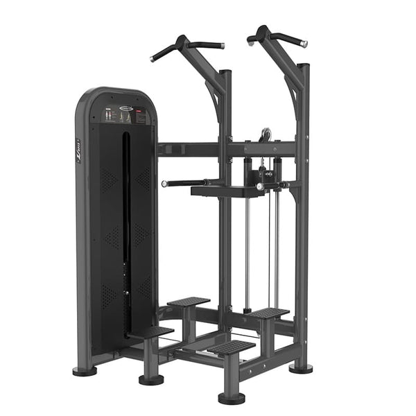 Assisted pull up and dip machine on white background