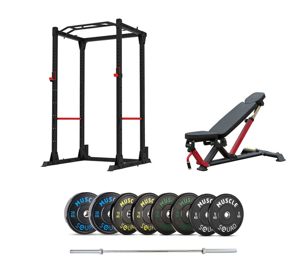 MuscleSquad Freestanding Power Rack, Bench, Bar & Rubber Bumper Weight Plates home gym package
