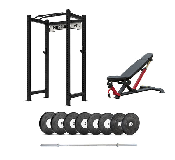 Power Rack, Exercise Bench, Barbell & Plates