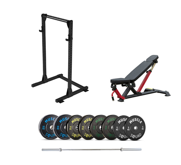 Home Gym P3 Quarter Squat Rack, Bench, Barbell and Weights Packages 2021
