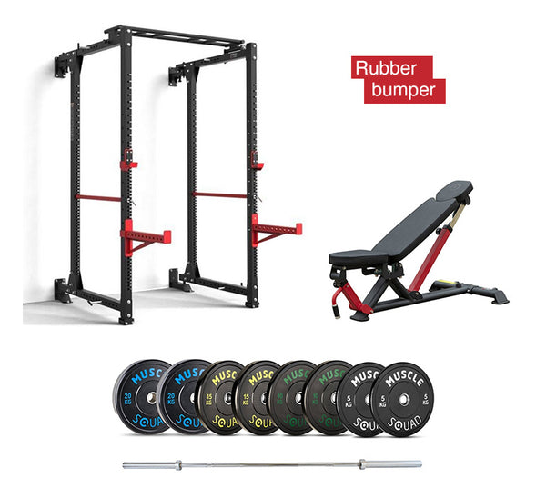 MuscleSquad home gym wall mounted power rack bench rubber bumper olympic weight plate set